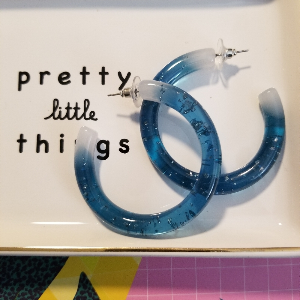 Blue sparkly resin style hoop earrings